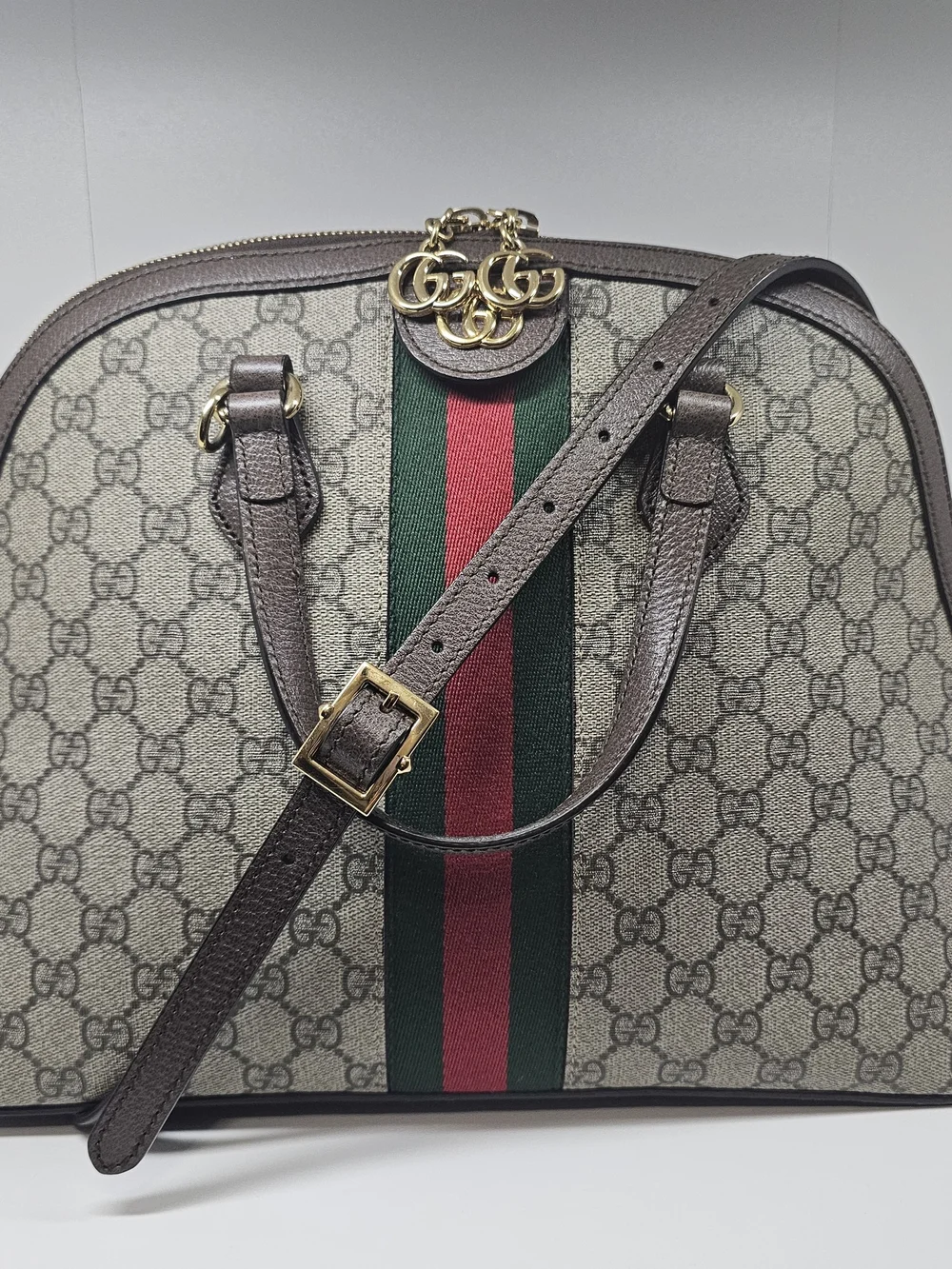 Gucci Brown GG Supreme Canvas Ophidia Dome Shoulder Bag - Brown/Green/Red